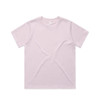 A pale pink t-shirt with a round neckline and short sleeves, featuring a logo on the label.
