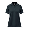 A women's polo shirt in dark green with a buttoned collar and short raglan sleeves, featuring a logo.