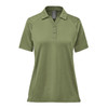 A women's polo shirt in olive green with short sleeves and a collar. It features a logo on the chest.
