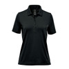 A black polo shirt featuring a collar, short sleeves, and a button placket. It has a logo on it.
