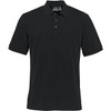 A black polo shirt featuring a collar, short sleeves, and a logo on the chest. Made from stretch pique fabric.