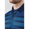 A close-up of a men's polo shirt with navy and blue striped pattern and a collar. It features a logo on the chest area.