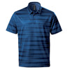A blue striped polo shirt featuring a collar and short sleeves, with a logo on the chest.