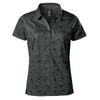 A women's polo shirt in dark green featuring a geometric pattern and a collar, with a logo on it.