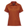 A women's polo shirt in a rich orange colour with a collar and short sleeves, featuring a logo.