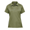 A green women's polo shirt with a collar, buttons, and short sleeves. It features a logo on the front.