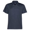 A dark navy polo shirt with a standard collar and three buttons, featuring a logo.