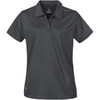 A women's polo shirt in dark grey, featuring a collar and a logo on the hem.