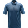A heathered blue polo shirt with a three-button placket and a logo on the chest.