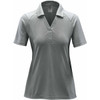 A women's polo shirt in a heathered light grey colour, featuring a classic collar and short sleeves. It has a logo.