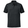A dark grey polo shirt featuring a classic collar and a branded logo. Short sleeves and a textured fabric design.