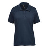 A navy women's polo shirt with short sleeves and a collar. Features a logo on the front.