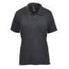 A women's short sleeve polo in black, featuring a collar and buttons, with a logo on the chest.
