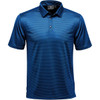 A men's polo shirt in navy blue with a striped pattern and a collar. Features a logo.