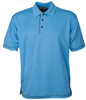 A light blue polo shirt with a collar, buttons, and contrasting piping. It features a logo on the neck.