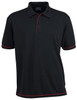 A black polo shirt with red piping, featuring a collar and three-button placket, has a logo on the chest.
