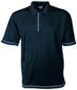 A navy blue men's polo shirt featuring a three-button placket and contrasting trim. Includes a logo on the collar.