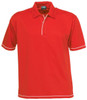 A red polo shirt featuring white trim and a collar. It has short sleeves and a logo on the inside collar.