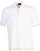 A white polo shirt with a red trim and collar, featuring a logo on the chest area.