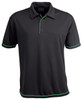A black polo shirt with green trim and a logo on the chest, featuring a three-button placket and a collar.