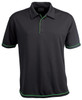 A black polo shirt featuring green piping, with a collar and three-button placket. It has a logo on the chest.