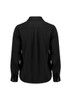A black long sleeve shirt with a collar and buttoned cuffs, featuring a pleated back design.