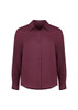 A button-up shirt in deep burgundy with long sleeves and a collar, featuring front buttons and a subtle logo.