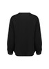 A black long sleeve blouse with a simple design and gathered sleeves. It features a rounded neckline and a logo.