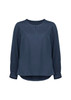 A navy long sleeve blouse with a round neckline and gathered sleeves. It features a subtle sheen and a loose fit.