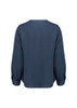 A navy long sleeve blouse with a smooth fabric and button details on the sleeves, featuring a simple back design.