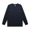 A long sleeve tee in navy blue with a simple design and a tag. It features a logo on the inside.