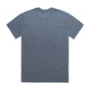 A faded blue t-shirt featuring a crew neck and short sleeves, with a logo on the back.