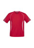 A red short sleeve tee featuring a v-neck and white accents, with a logo on the front.