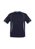 A short sleeve tee in navy blue with light blue accents and a logo. Designed for men, featuring a sporty style.