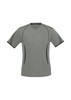 A short sleeve tee in grey with contrasting black accents and a logo on the chest.