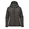 A women's insulated softshell jacket in a dark green colour, featuring a hood and multiple zip pockets, with a logo.