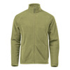 A men's polar fleece jacket in olive green with a zip front and a high collar. It features side pockets and has a logo.