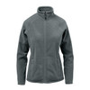 A green women's fleece jacket featuring a high collar and zip front, with side pockets and a logo.