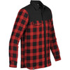 A red and black checked button-up thermal shirt with a black upper section and two chest pockets, featuring a logo.