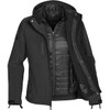 A black women's jacket featuring a 3-in-1 design with a removable inner layer and a logo on the sleeve.
