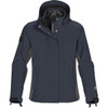 A women's 3-in-1 jacket in dark grey with a hood, features a logo on the sleeve and multiple zip pockets.