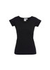 A black women's short sleeve tee with a V-neck design and a fitted silhouette. It features a logo.