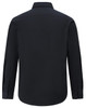 A black long-sleeve shirt with a collar and buttoned cuffs, featuring a branding logo.