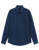 A navy long-sleeve shirt made from a cotton blend, featuring a button-up front and a chest pocket.