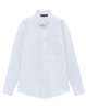 A white long-sleeve cotton blend shirt with a collar and a single chest pocket, featuring a logo.