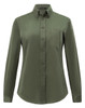 A green ladies' smart casual long-sleeve cotton blend shirt featuring a button-up front and a chest pocket.