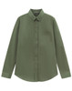 A long-sleeve, smart casual shirt in olive green with a button-up front and a chest pocket. It features a logo.