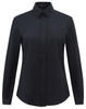 A black ladies' long-sleeve shirt featuring a button-up front and a chest pocket, with a logo on it.