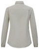 A beige long-sleeve shirt with a collar and button cuffs, featuring a logo on the back.