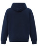 A navy oversized hoodie with a kangaroo pocket and a hood, featuring a plain back design and elastic cuffs.